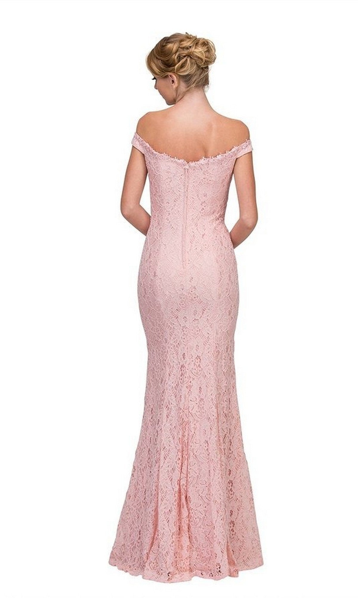 A woman in a pink, off-the-shoulder Long Prom Dress: Eureka 8030 stands with her back to the camera, highlighting the elegance of this lace gown against a plain white background.